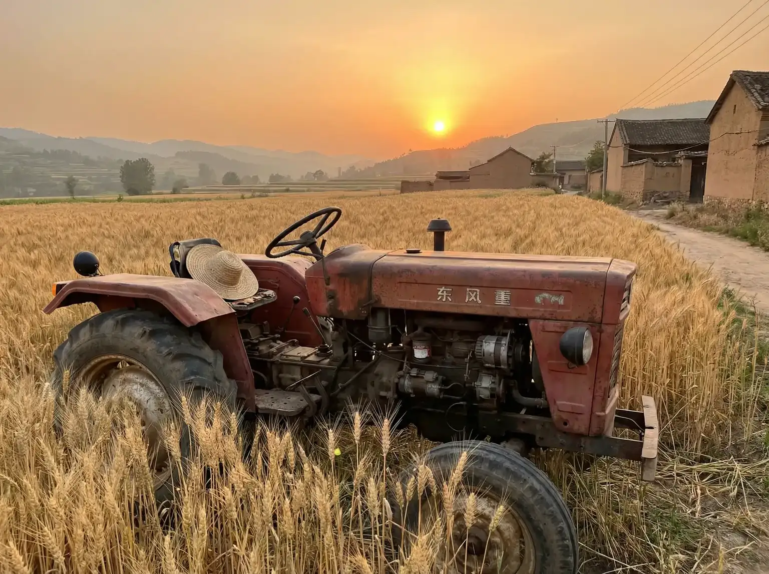 夕阳下的老式拖拉机停在麦田边 - 地狱解剖 田间记忆
