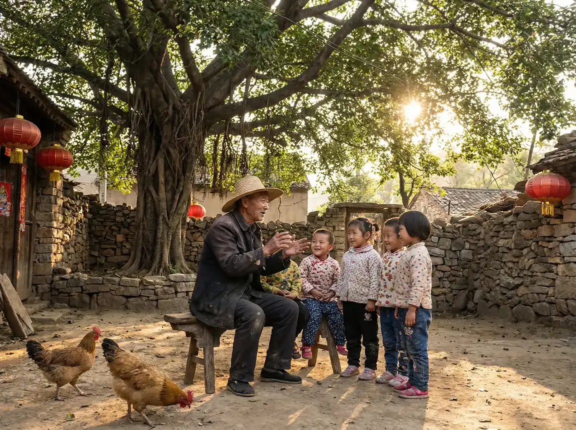 老人在大榕树下给孩子们讲故事 - 地狱解剖 乡村记忆